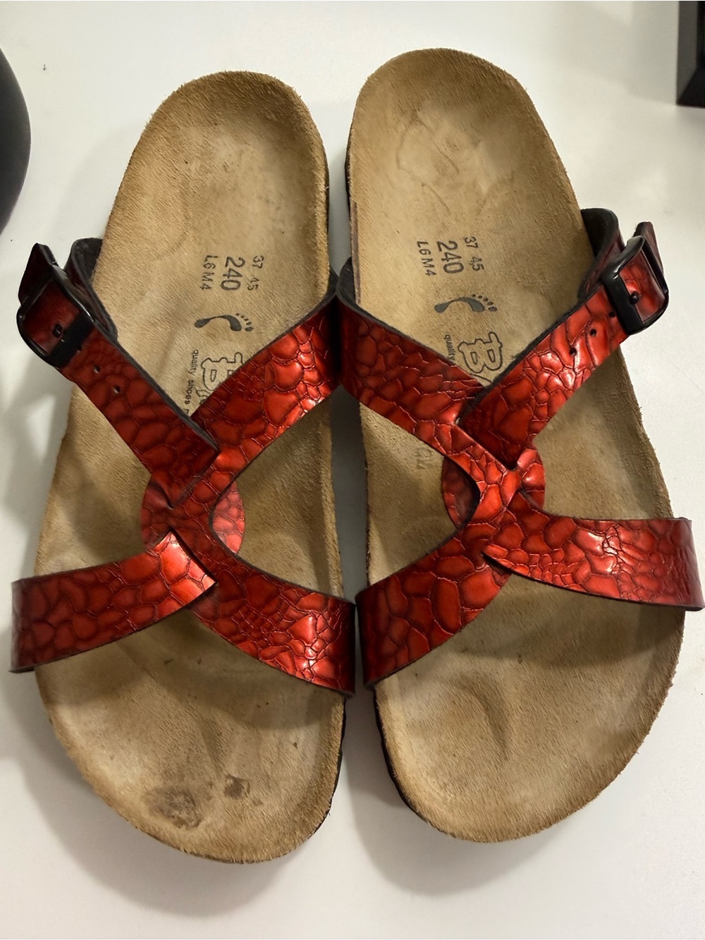 Birkenstock birkis women size 6 Red Metallic Crisscross Sandals